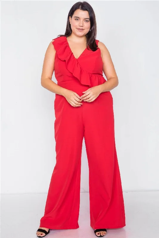 Plus Size Red Flounce Surplus V-Neck Wide Leg Jumpsuit /3-2-1VNeckTopRonin