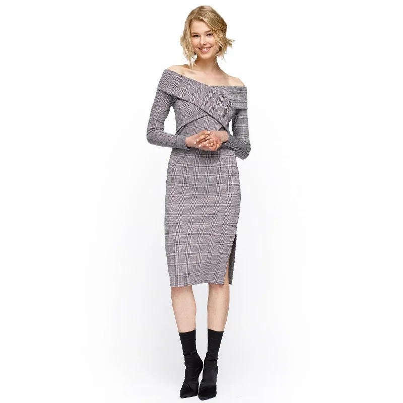 Women's Glen Plaid Off Shoulder Crisscross Dress In Grey BlackOffice Dress