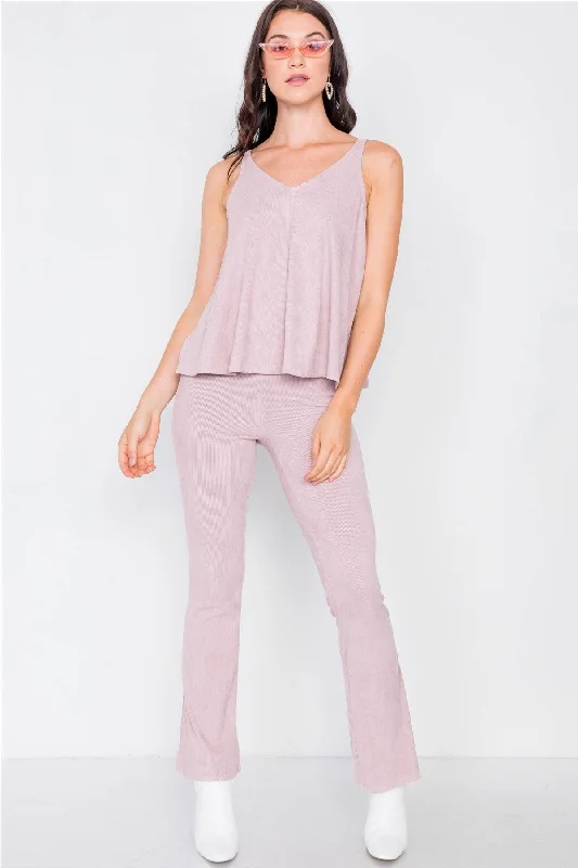 Dusty Rose Suede Corduroy V-Neck Loose Top & High-Waisted Flare Plant Set /3-2-1VNeckTopDrift