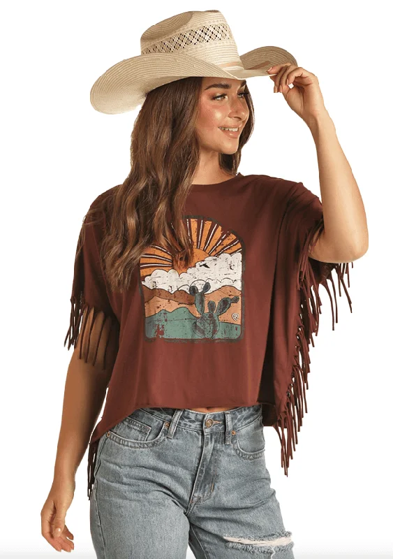 Artist T-ShirtsRock & Roll Cowgirl Women's Brown Desert Fringe Tee RRWT21R0YM