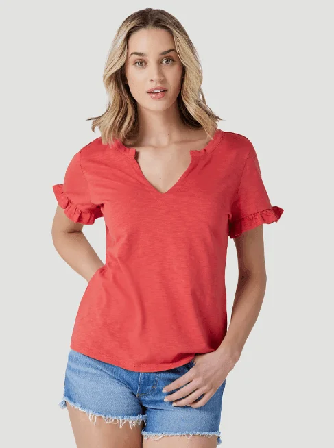 Button-Up T-ShirtsWrangler Women's Red Ruffle Tee 112327273